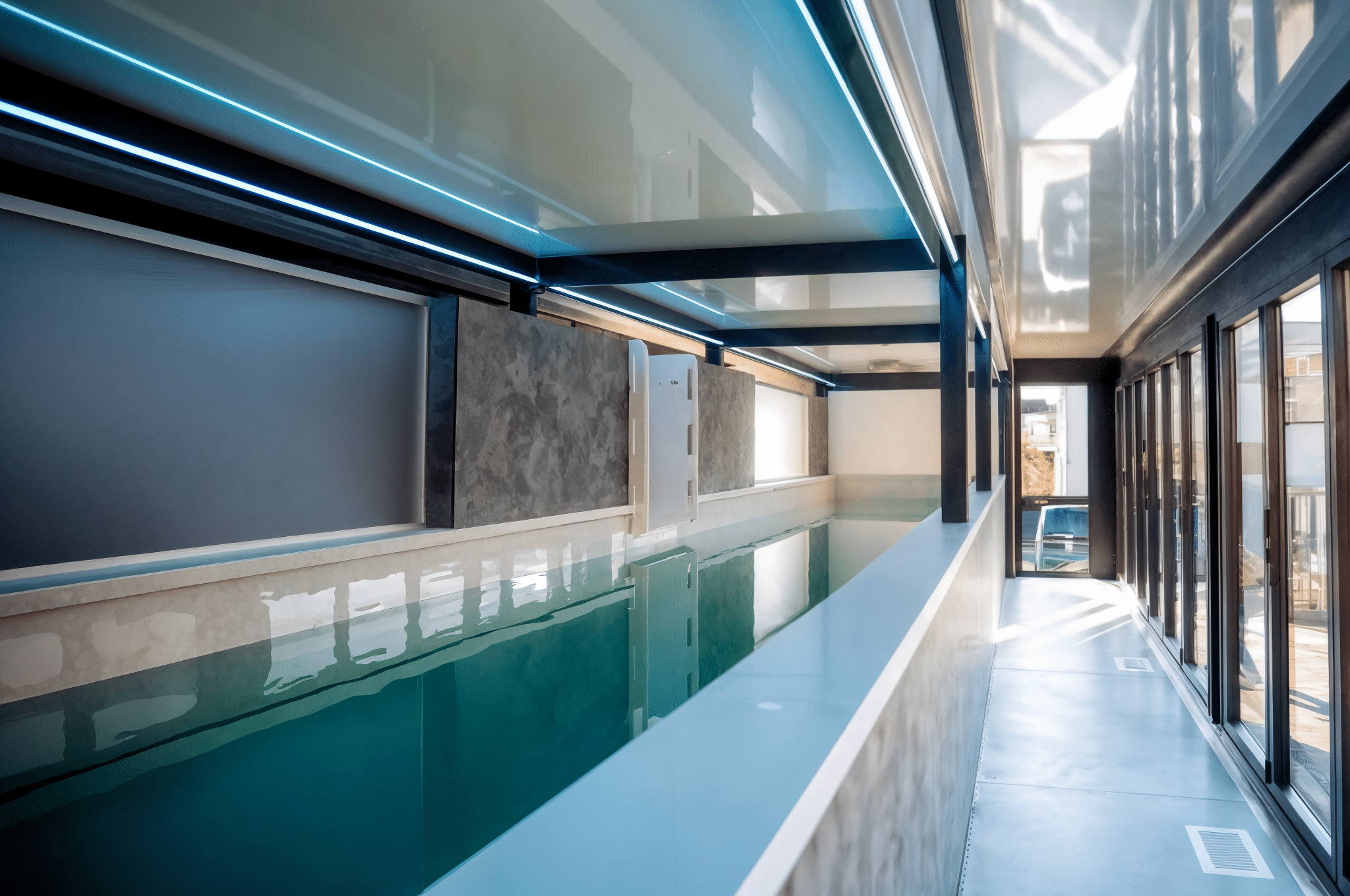 Interior view of Swimcube – a moveable swimming pool with shower and changing facilities