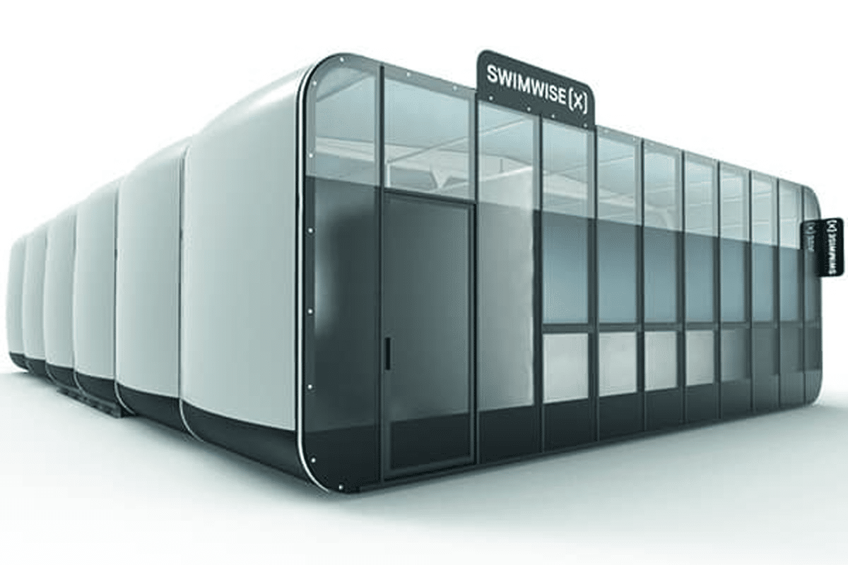 Ontwerp render van de swimwise pools swimclad, het mobiel zwembad voor grote groepen