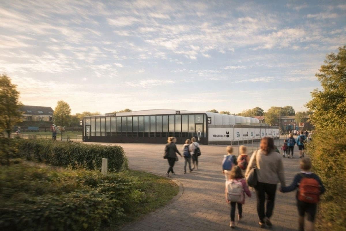 Ouders en kinderen onderweg naar het grote mobiele zwembad van Swimwise in Mechelen